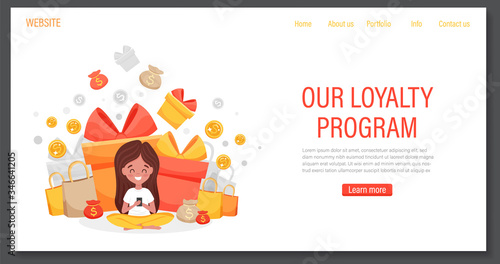 Online reward program banner with girl or happy woman receive gift box and dollars. Landing page, template, ui, web, homepage, poster, banner, flyer, coupon. Flat cartoon vector illustration