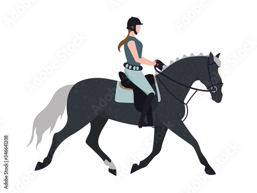 A jockey on a horse. Illustration of a girl riding a horse. Illustration of a woman riding a stallion. Image of a horsewoman on a racehorse