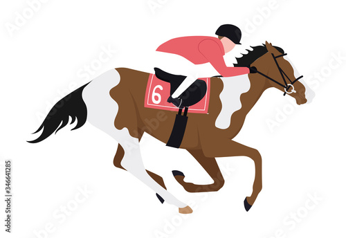 A jockey on a prancing horse. Illustration of a horse trotting with a rider at the back. Illustration of a rider riding a horse.