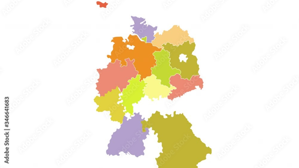 Animated map of Germany showing administrative regions. Germany map with color federal states appearing and fading one by one. Detailed political country map with divisions. 4K resolution Animated map of Germany showing administrative regions. Germany map with color federal states appearing and fading one by one. Detailed political country map with divisions. 4K resolution
