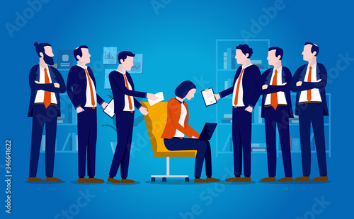 Gender inequality in business - Woman amongst nagging men in office. it's a man's world, work pressure, workload, unequal concept. Vector illustration.