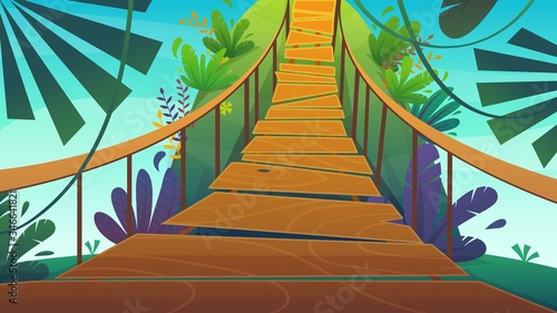 suspension bridge in a jungle cartoon background of summer exotic nature , bright colours funny and happy travel vertical vector illustration