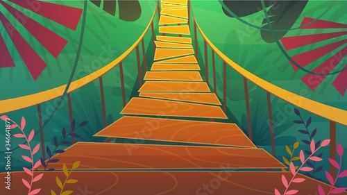 suspension bridge in a jungle cartoon background of summer exotic nature , bright colours funny and happy travel vertical vector illustration