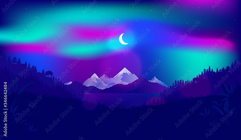 Northern light and moon over mountain top. Northern landscape with magic night sky, half moon and forest. Aurora borealis, cold nights and Scandinavia concept. Vector illustration. 