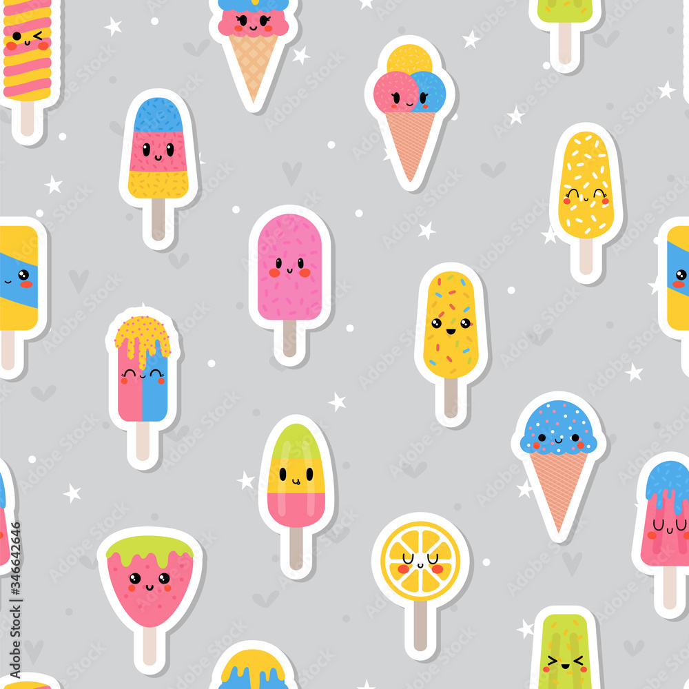Colorful summer seamless pattern with kawaii ice cream. Wrapping paper, fabric. Cute sweets background Colorful summer seamless pattern with kawaii ice cream. Wrapping paper, fabric. Cute sweets background