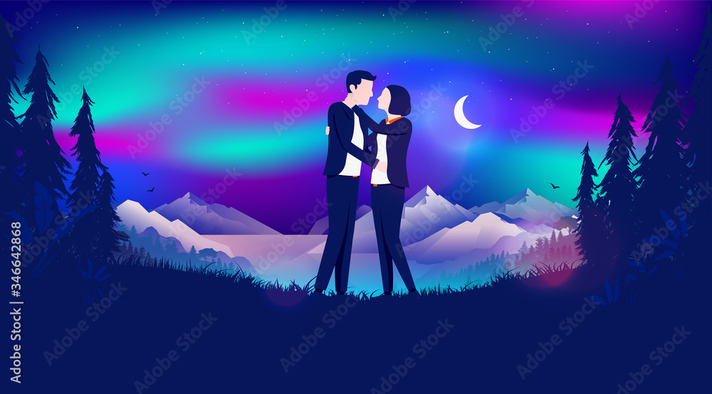 Romantic couple in northern light and moonlight landscape - Magical sky with dancing lights, mountain, sea and forest in background. Romance, love and dating concept. Vector illustration.