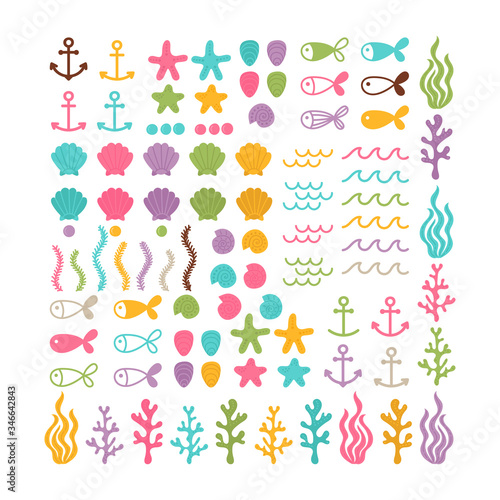Set with hand drawn sea animals and creatures. Big set on the marine theme. Sea summer life. Underwater seaweeds