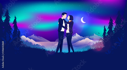 Romantic couple in northern light and moonlight landscape - Magical sky with dancing lights, mountain, sea and forest in background. Romance, love and dating concept. Vector illustration.