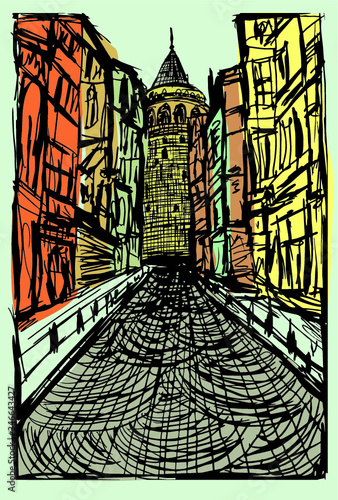 Galata Tower embroidery graphic design vector art