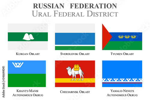 Set of flags in the state coat of arms of the Ural Federal District of the Russian Federation photo