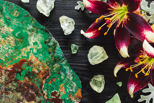 Lillies and Dusty Miller with Chrysocolla Slice and Fluorite photo