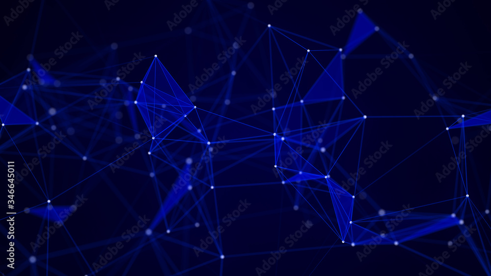 Abstract composition with connecting dots and lines. Blue background. Plexus effect.