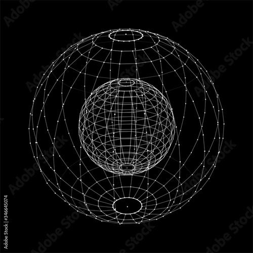 Abstract sphere of dots on dark background. Partial particles. Abstract noisy pulsating sphere. 3d rendering.Vector illustration.