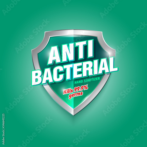 Antibacterial hand sanitizer logo. Sanitizer gel, antiseptic label. Green and silver glossy shield with letters. 