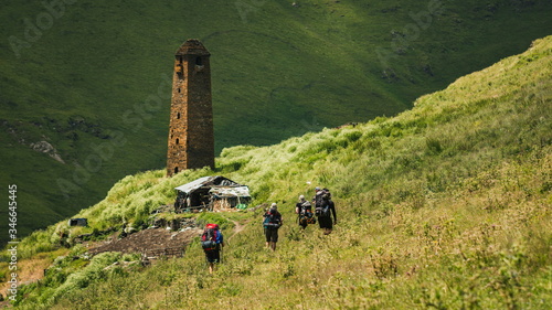 Ancient towers around Chontio village in georgian Caucasus. Omalo Shatili trek.