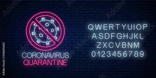 Coronavirus quarantine neon sign with alphabet. COVID-19 virus caution symbol in neon style. Coronavirus outbreak stop icon. Vector illustration. Shiny world pandemic alert design