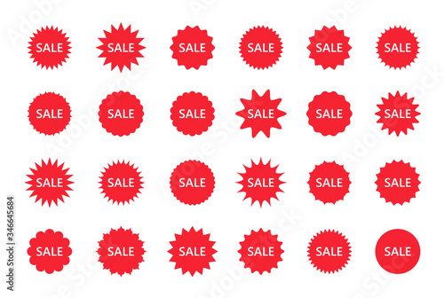 Set of sale star burst price stickers. Vector discount stamps, promo boxes. Res round splash badges. Tag product labels. Set of starburst shapes isolated on white background. Flat illustration.
