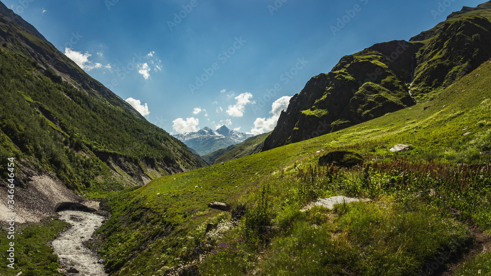 The most beautiful valley on Omalo Shatili trek. In georgian Caucasus.