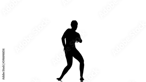 black silhouette on a white background, young beautiful woman in a tight suit dancing contemporary, modern ballet dance, slow motion