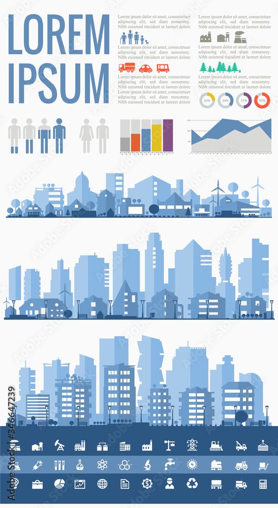Abstract cityscapes infographics. Town, city elements collection