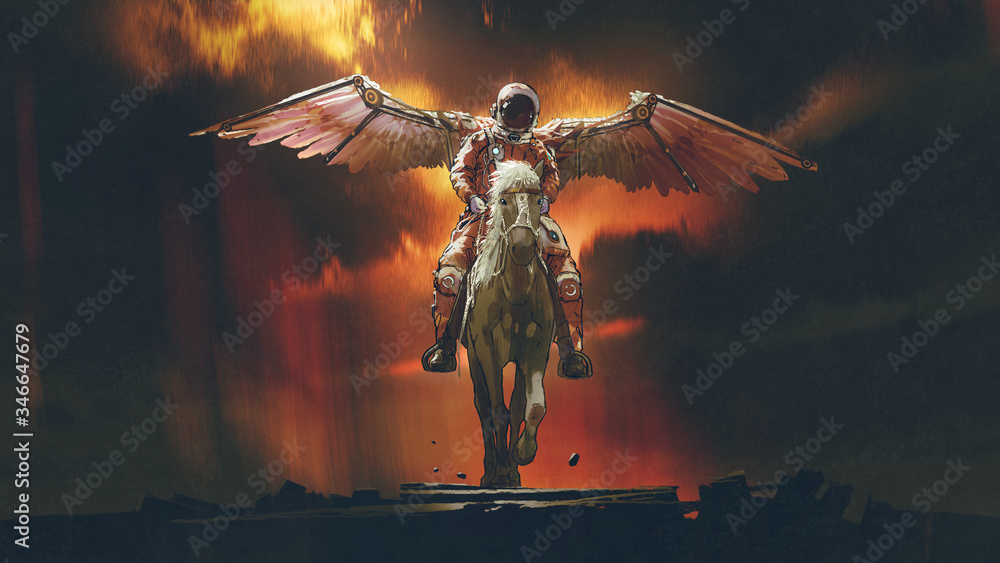 sci-fi concept of the astronaut with wings riding a horse on dark background, digital art style, illustration painting - obrazy, fototapety, plakaty 