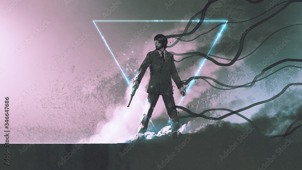 Fototapeta premium człowiek z pistoletem stojący na tle dymu z tajemniczym świecącym trójkątem, cyfrowy styl sztuki, malowanie ilustracji