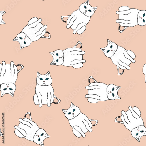 Vector white cats seamless tossed multi directional pattern on a peach colored background. Cute, hand drawn elements.