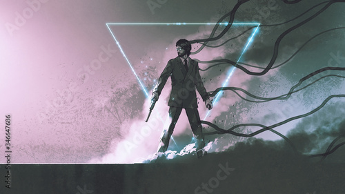 man with the gun standing against smoke background with mysterious glowing triangle, digital art style, illustration painting