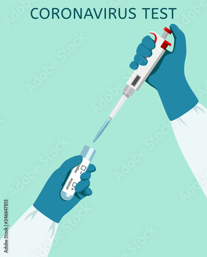 Coronavirus saliva test in a laboratory. Hands hold test tube and laboratory pipette. Vector illustration in flat style.