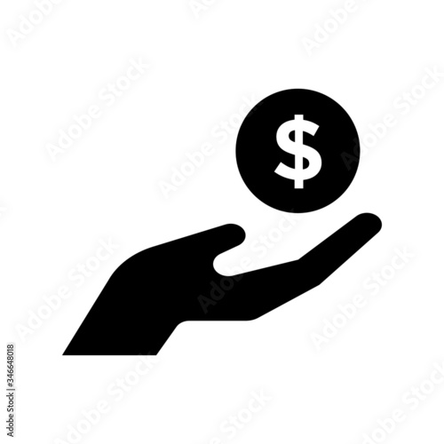 save money icon, salary money, invest finance, hand holding dollar  symbols in black flat design on white background