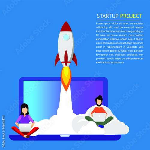 Startup. A man and woman work with a laptop while a rocket takes off from the PC