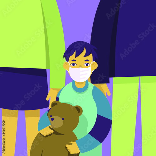 Child with surgical mask. Protection of children against coronavirus. Virus protection. Colorful portrait on purple background. Simple vector illustration.