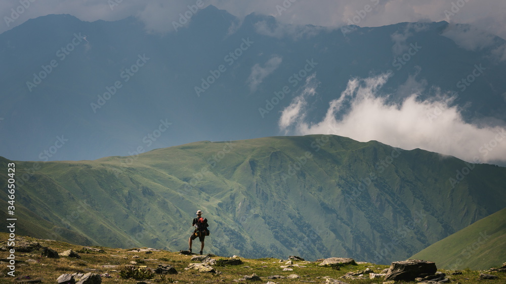 Wonderful view on Khidotani ridge in Khevsureti national park in georgian Caucasus. Omalo Shatili trek.