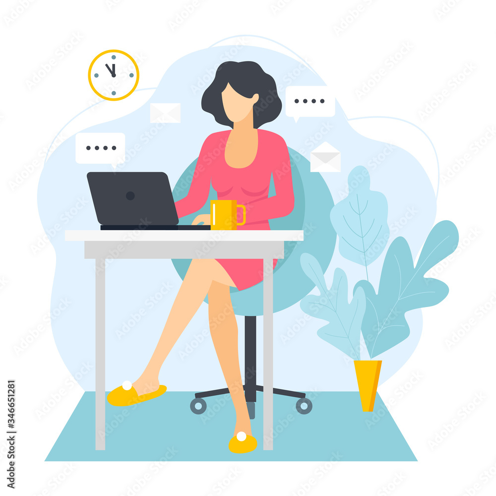 Woman with laptop sitting. Freelance or studying concept. girl works at a computer in a home interior. vector