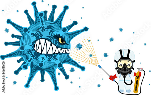 vector medical scientist in hazmat suits cleaning and disinfecting angry coronavirus epidemic MERS-CoV. Concept wuhan 2019-nCoV pandemic health illustration.