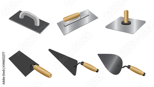Set putty knife with wood handles. Isometric set of putty knife vector icons