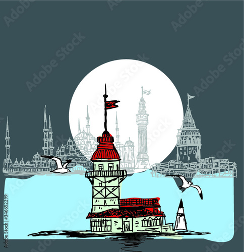 istanbul maiden tower embroidery graphic design vector art