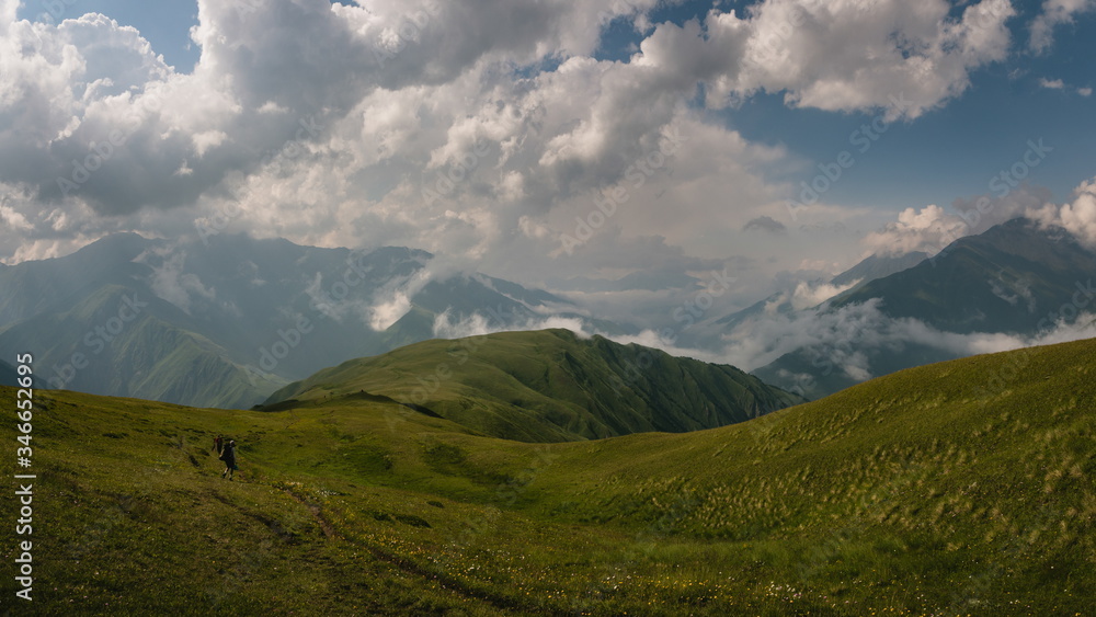 Fototapeta premium Wonderful view on Khidotani ridge in Khevsureti national park in georgian Caucasus. Omalo Shatili trek.
