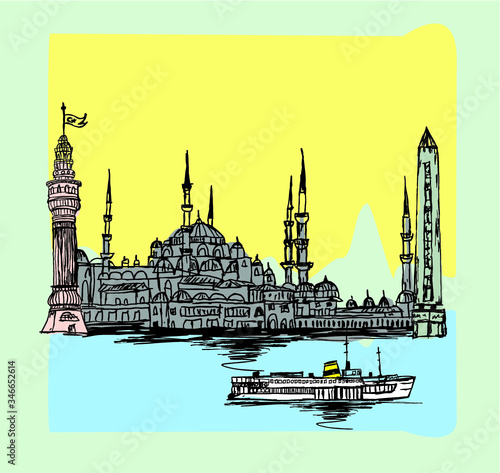 istanbul and steamers embroidery graphic design vector art