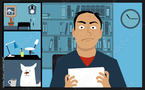 Upset person attempting to video conference with coworkers who are staying home practicing social distancing, but no one shows up, EPS 8 vector illustration