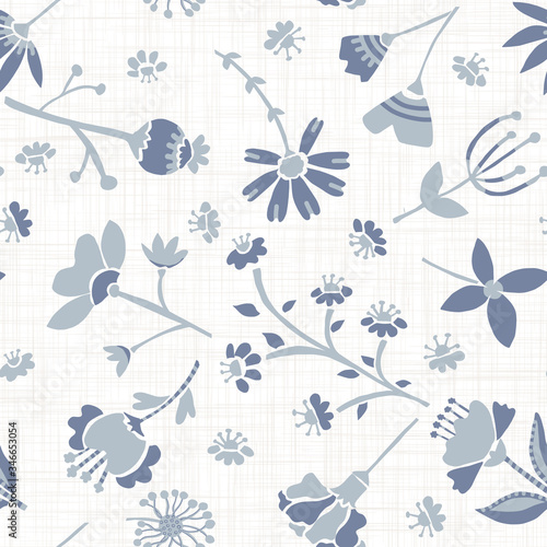 Seamless tossed floral pattern in french blue linen shabby chic style. Hand drawn country bloom texture. Rustic woven background. Kitchen towel home decor swatch. Simple flower motif all over print