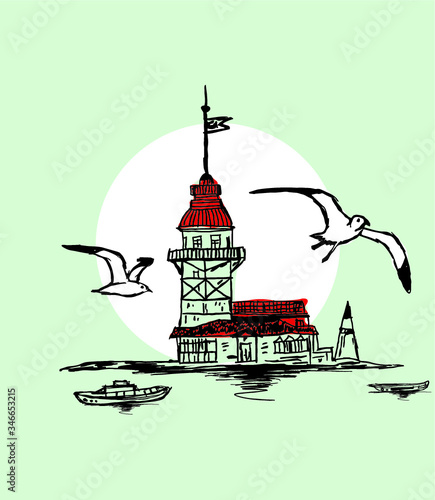 istanbul maiden tower embroidery graphic design vector art