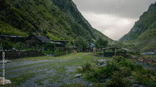 Khonischala in Georgia. Small village in huge mountains. Omalo Shatili trek.