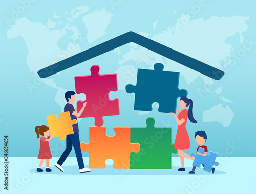 Vector of a family parents and children building a house
