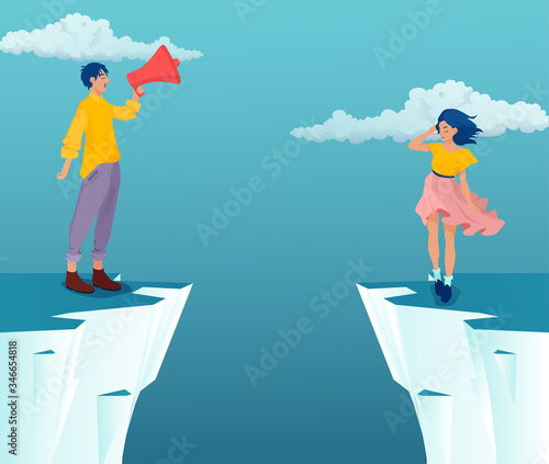 Vector of a man standing at a cliff edge screaming in megaphone to a woman on the other side