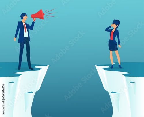 Vector of a businessman screaming in megaphone and a businesswoman standing across gap.