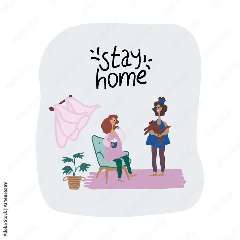 Caption Stay at home in a doodle style. Vector flat illustration girl and mom with a cat in her arms, at home. Labels reflecting global events of the world Caption Stay at home in a doodle style. Vector flat illustration girl and mom with a cat in her arms, at home. Labels reflecting global events of the world