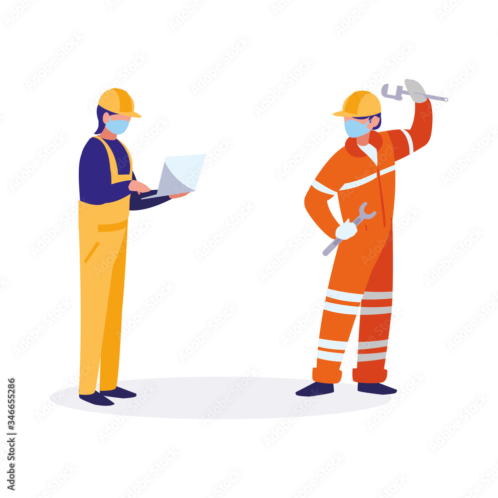 industrial workers men working with face mask industrial workers men working with face mask
