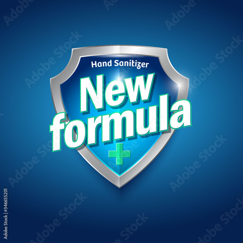 New Formula logo. Sanitizer gel, antiseptic and virus protection label. Sanitizer for hands and body. Blue and silver glossy shield with letters and medical cross. 