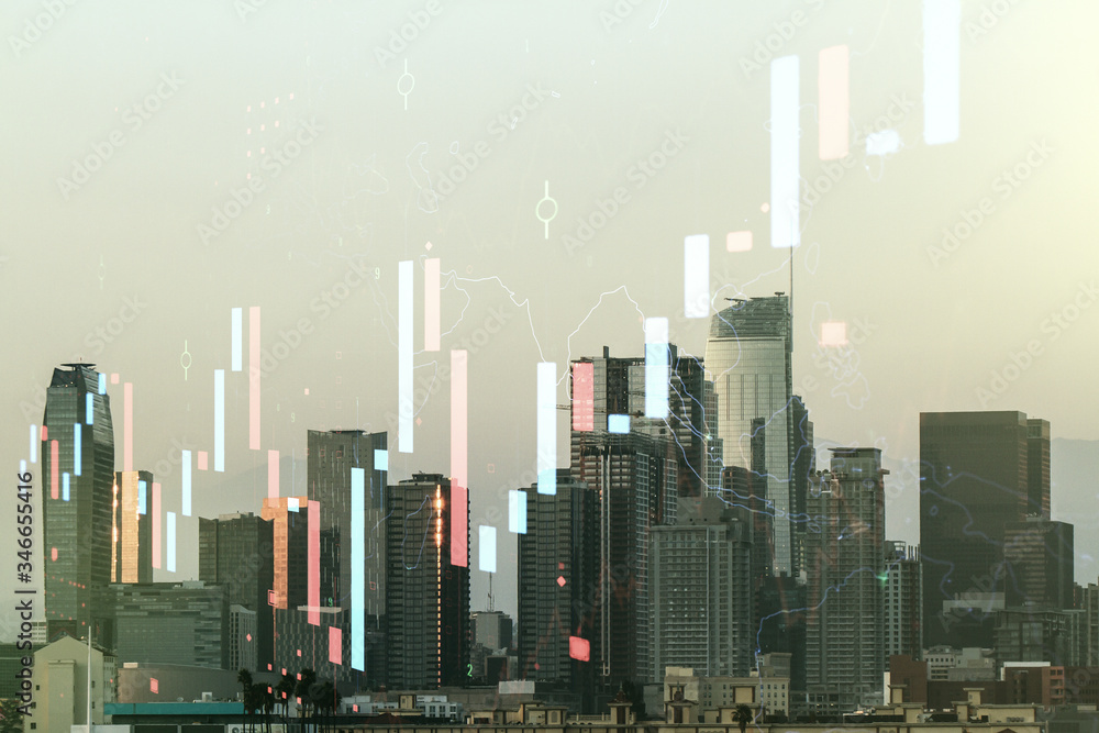 Fototapeta premium Multi exposure of virtual abstract financial graph interface on Los Angeles cityscape background, financial and trading concept